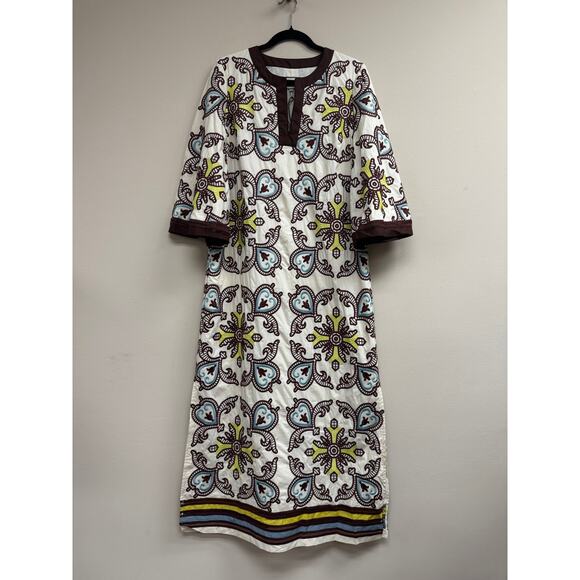 TUCKERNUCK Citron and Slate Blue Embroidered Lorena Caftan Size L NWT - Picture 4 of 6